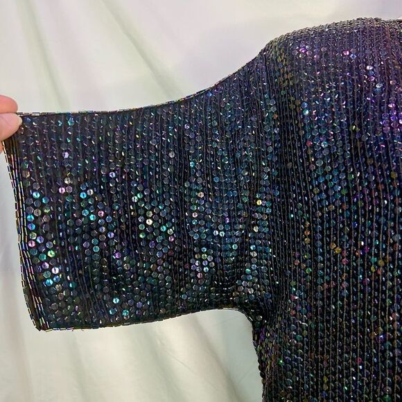 Vintage Black Beaded Blouse 100% Silk Sequin Rainbow Sparkly Retro 80s Sz Medium - Picture 4 of 12